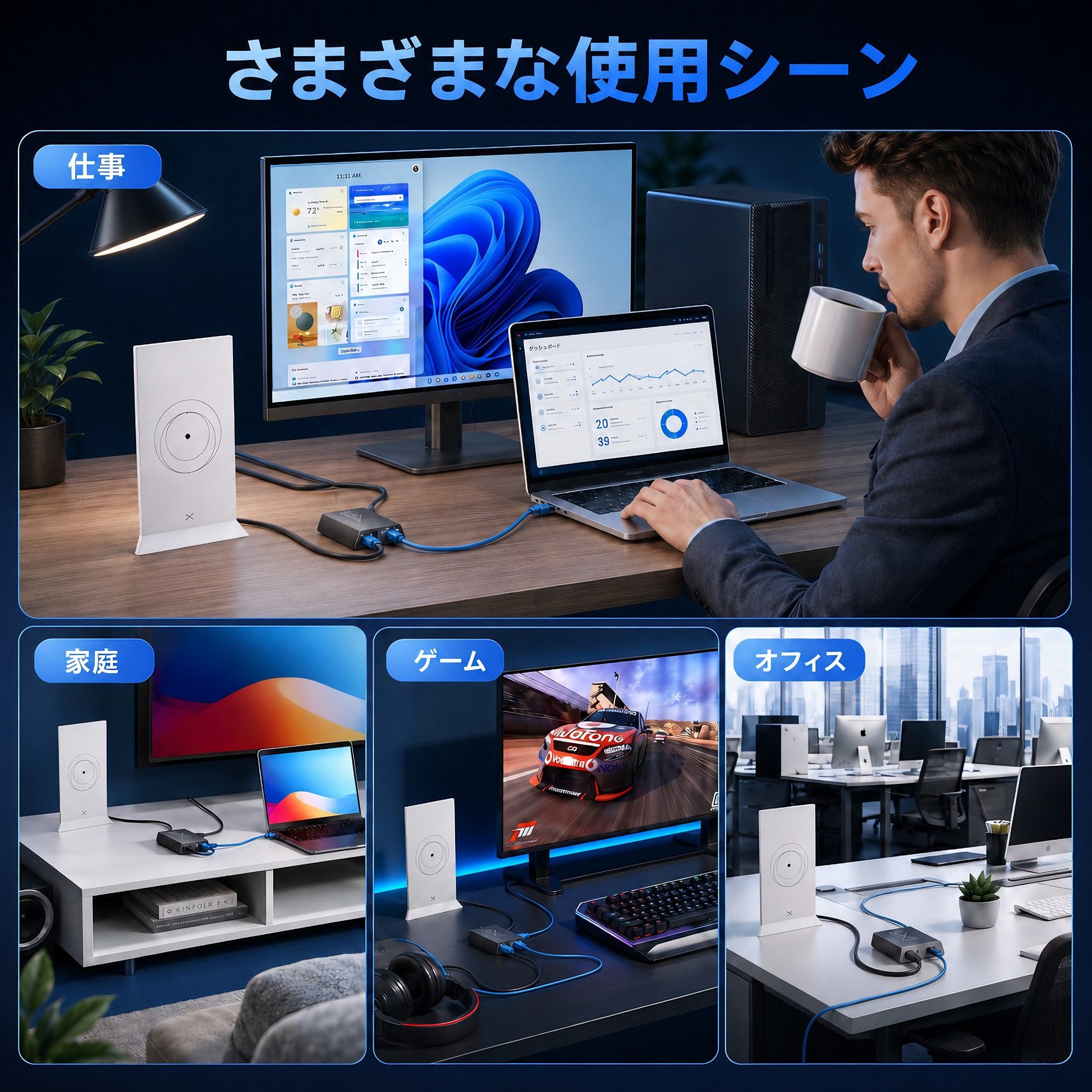 Starlink（スターリンク）V2用イーサネットアダプター 仕事・家庭・ゲーム・オフィスでの使用シーン紹介画像