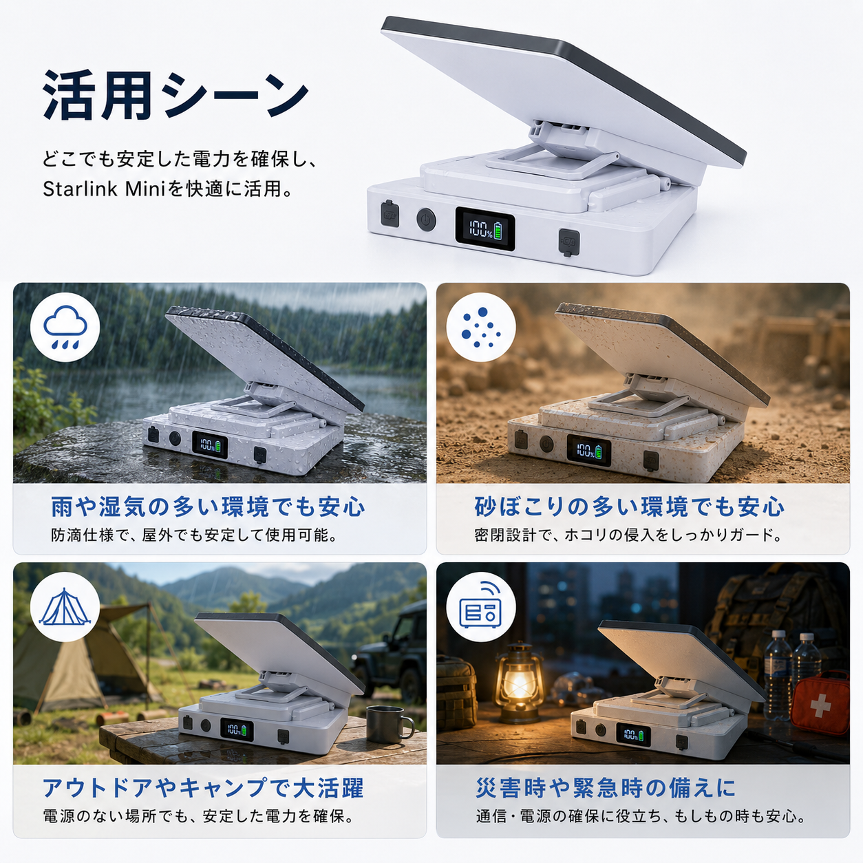 Starlink Mini（スターリンクミニ）対応ポータブル電源バンクの活用シーン、アウトドア・車中泊・災害時の備えに便利