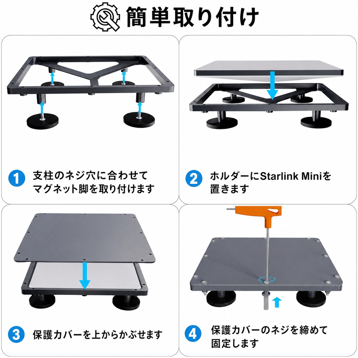 Starlink Mini / Mini X用マグネット式ルーフマウントの簡単取り付け方法を4ステップで紹介する画像