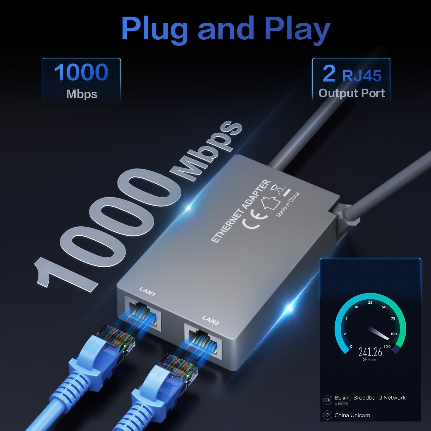 Starlink V2 Ethernetアダプター【デュアルRJ45ポート】 Standard Actuated（Gen2）/ High Performance（Gen1/Gen2）対応 有線LAN 1Gbps対応 スターリンク長方形標準ムーブ・スターリンク高性能フラットキットV1/V2イーサネット有線接続 wifi Starlink Ethernet Adapter