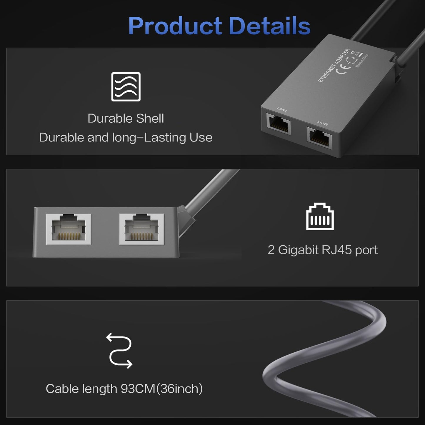 Starlink V2 Ethernetアダプター【デュアルRJ45ポート】 Standard Actuated（Gen2）/ High Performance（Gen1/Gen2）対応 有線LAN 1Gbps対応 スターリンク長方形標準ムーブ・スターリンク高性能フラットキットV1/V2イーサネット有線接続 wifi Starlink Ethernet Adapter