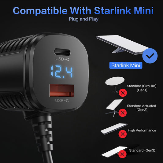 Starlink Mini 車載電源ケーブル 3in1 シガーソケットDC充電ケーブル USB-C PD20W & USB-A QC18W搭載 電圧表示・スイッチ付き 12V-24V対応 5m/16.4FT 高耐久18AWG 車・RV・船対応