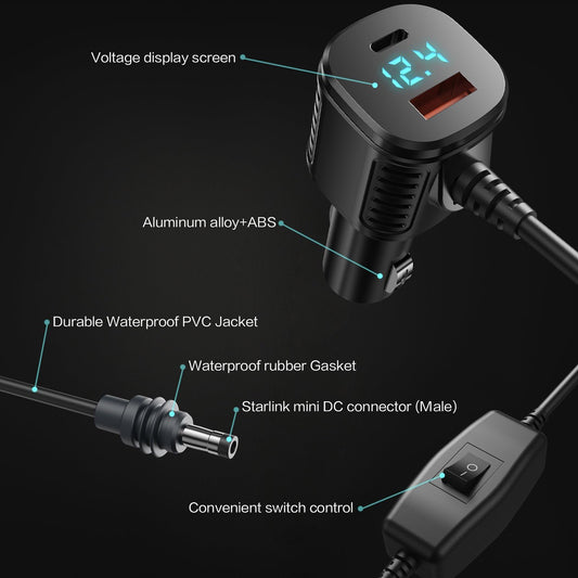 Starlink Mini 車載電源ケーブル 3in1 シガーソケットDC充電ケーブル USB-C PD20W & USB-A QC18W搭載 電圧表示・スイッチ付き 12V-24V対応 5m/16.4FT 高耐久18AWG 車・RV・船対応
