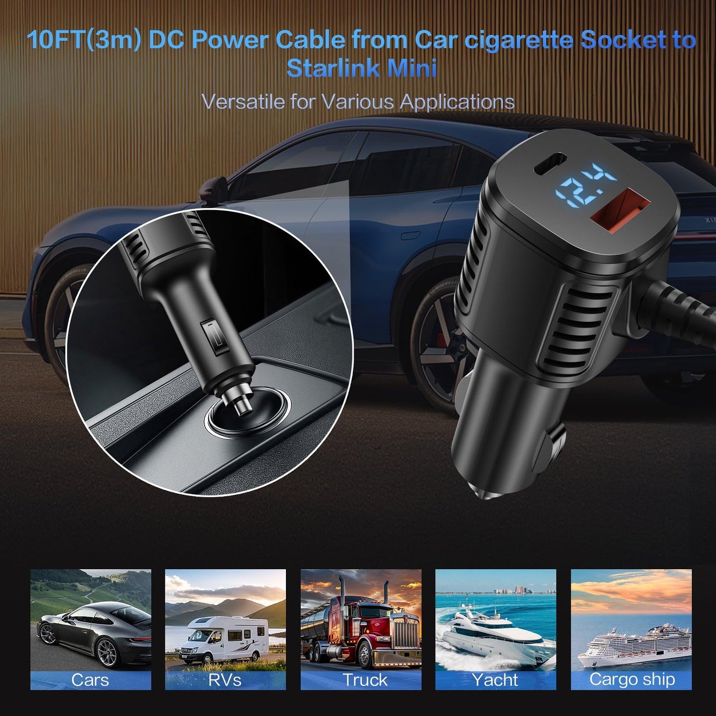 Starlink Mini 車載電源ケーブル 3in1 シガーソケットDC充電ケーブル USB-C PD20W & USB-A QC18W搭載 電圧表示・スイッチ付き 12V-24V対応 5m/16.4FT 高耐久18AWG 車・RV・船対応