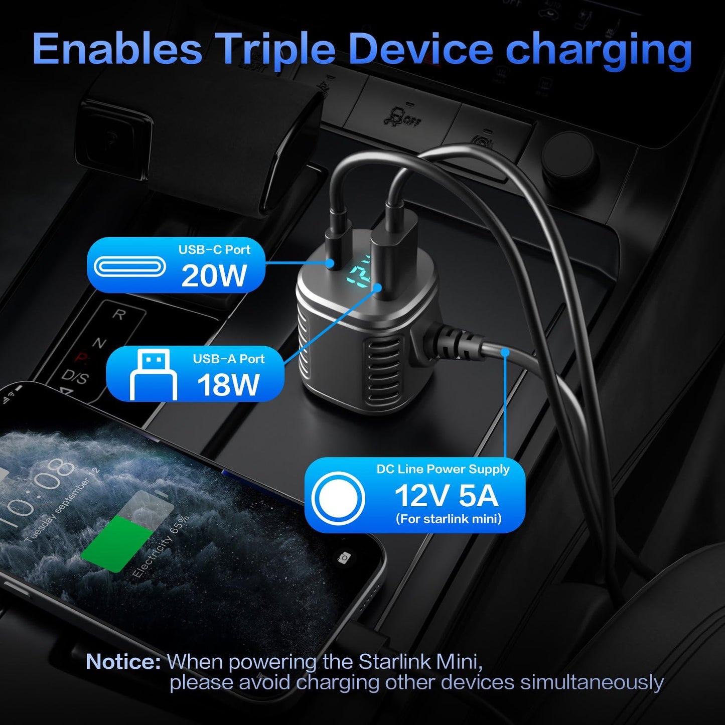 Starlink Mini 車載電源ケーブル 3in1 シガーソケットDC充電ケーブル USB-C PD20W & USB-A QC18W搭載 電圧表示・スイッチ付き 12V-24V対応 5m/16.4FT 高耐久18AWG 車・RV・船対応