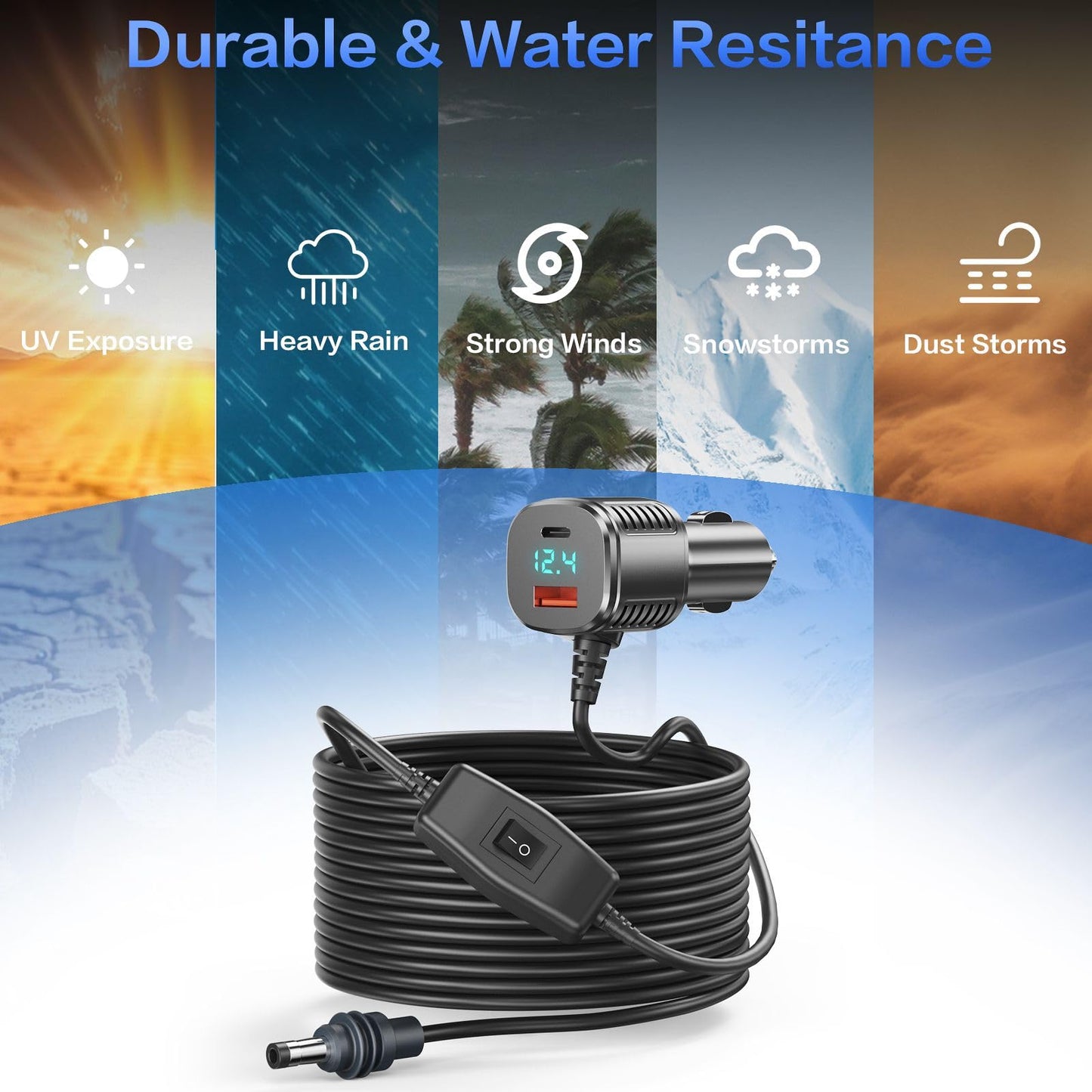Starlink Mini 車載電源ケーブル 3in1 シガーソケットDC充電ケーブル USB-C PD20W & USB-A QC18W搭載 電圧表示・スイッチ付き 12V-24V対応 5m/16.4FT 高耐久18AWG 車・RV・船対応
