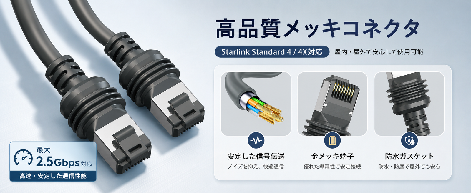 Starlink Standard 4 / 4X対応 高品質メッキコネクタ採用 Ethernetケーブル 防水ガスケット付き