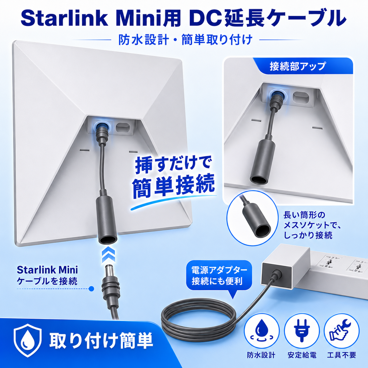 Starlink Mini用DC延長ケーブルの取り付けイメージ。防水設計で、Starlink Miniケーブルや電源アダプターへの接続を簡単に行えるアクセサリー。