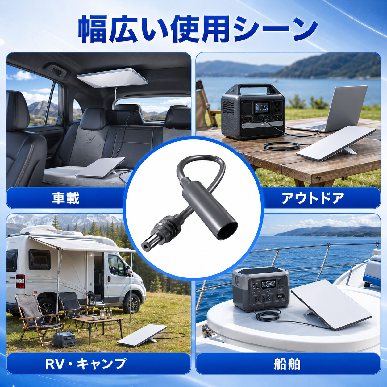 Starlink Mini用DC延長ケーブルの幅広い使用シーン。車載、アウトドア、RV・キャンプ、船舶で使えるスターリンクミニ対応アクセサリー。
